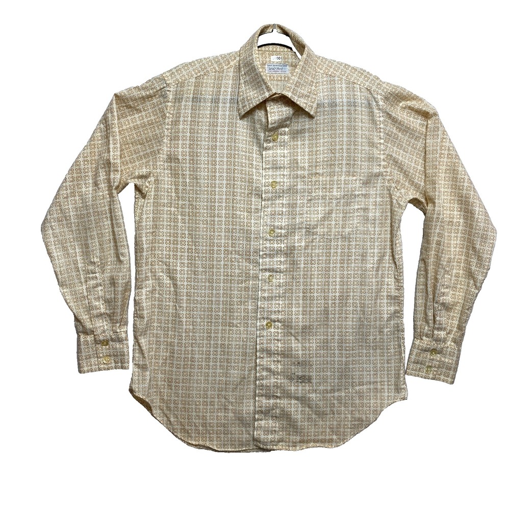 Vintage Lord & Taylor Shirt Mens 16-35 Cream Gold Dagger Geometric Button Up 70s